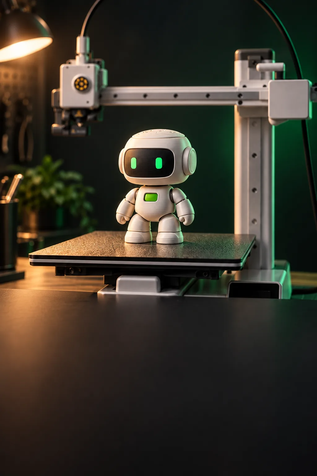 NPC de filamento marfil con visor verde sobre la cama de una A1 mini, en un taller iluminado cálidamente.